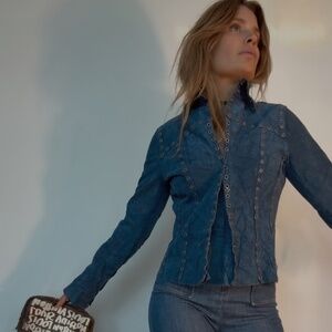 Vintage 90s Y2K Blue Calf Suede Grommet Jacket